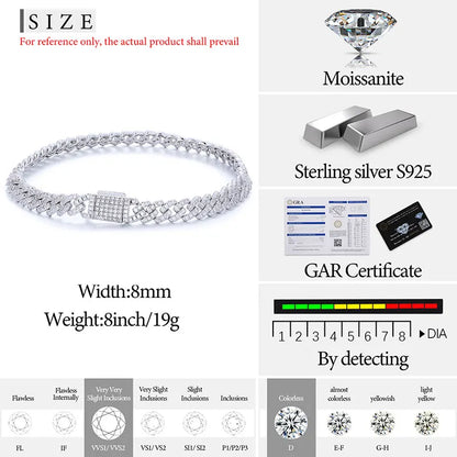 S925 Moissanite Diamond Prong Cuban Link Bracelet - 6mm