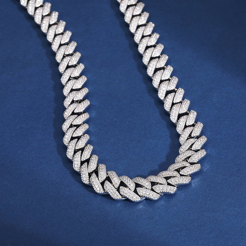 S925 Moissanite Diamond Prong Cuban Link Chain Necklace and Bracelet - 15mm