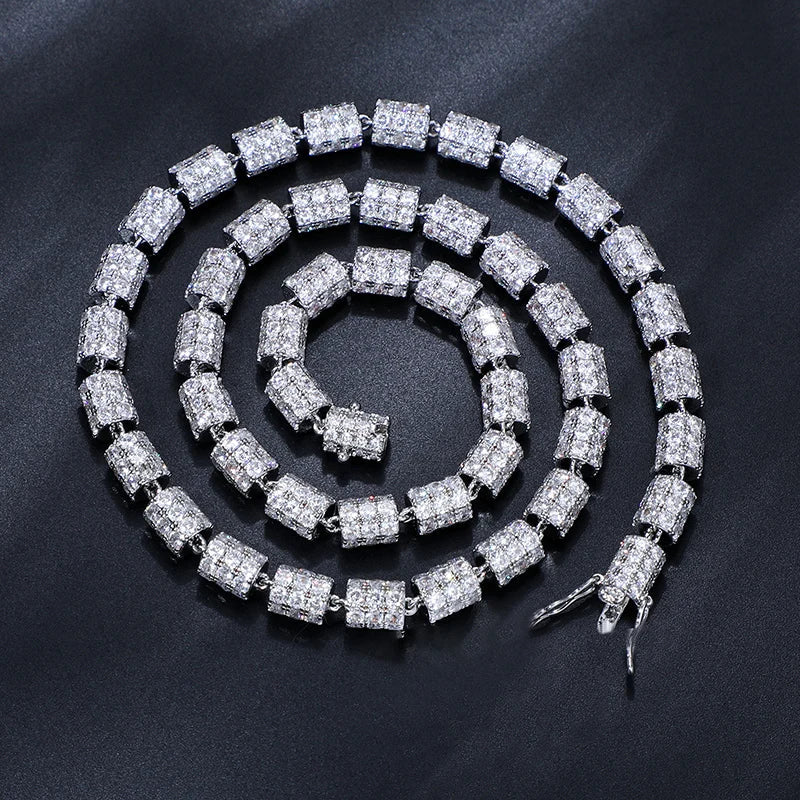 S925 White Gold Moissanite Cylindrical Iced-Out Diamond Necklace Chain - 7mm