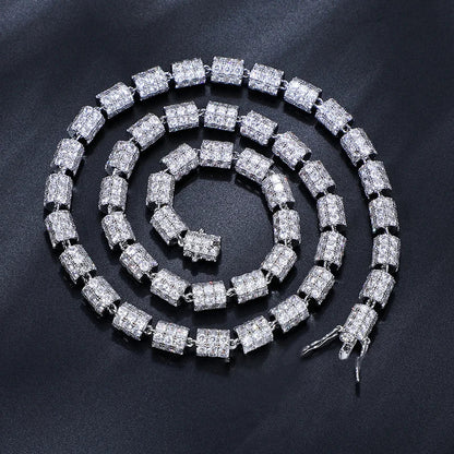 S925 White Gold Moissanite Cylindrical Iced-Out Diamond Necklace Chain - 7mm