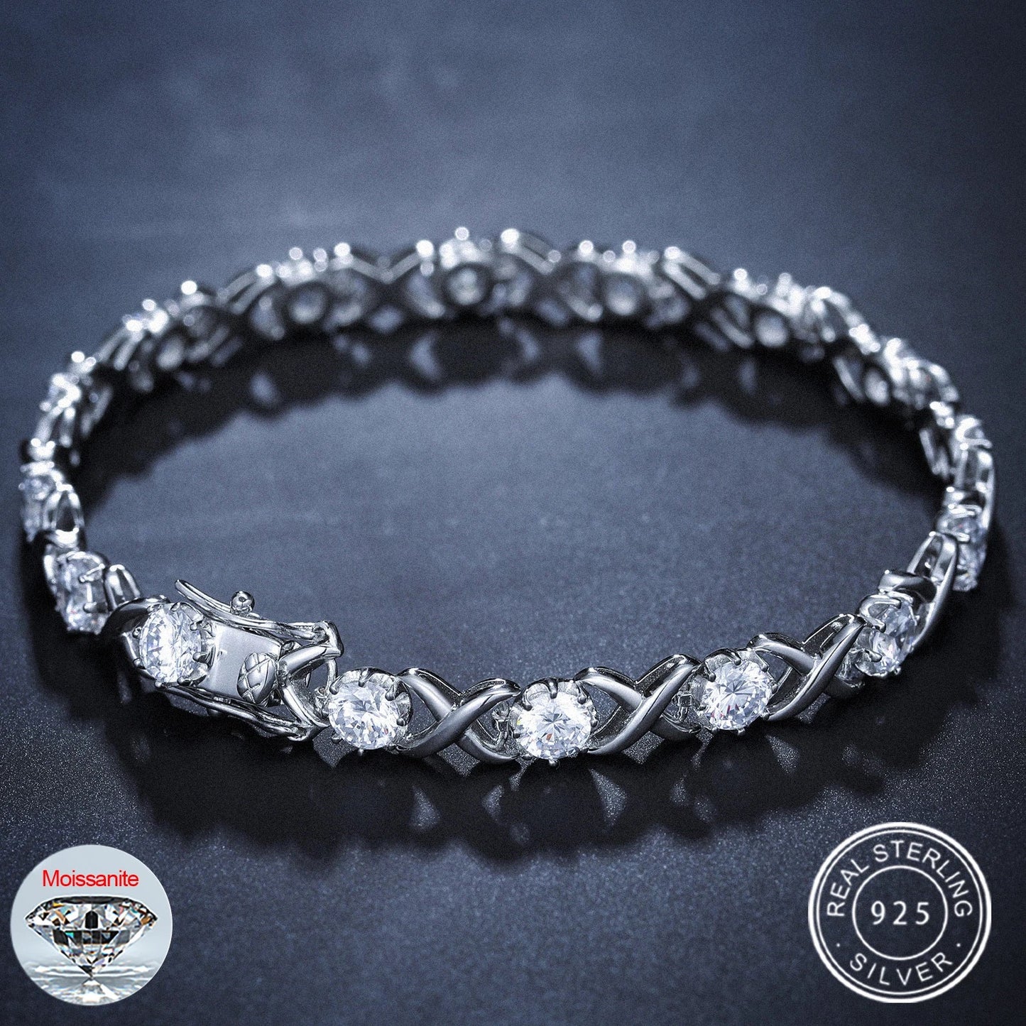 3-8mm S925 Moissanite Diamond Stationed Infinity Link Bracelet - Silver