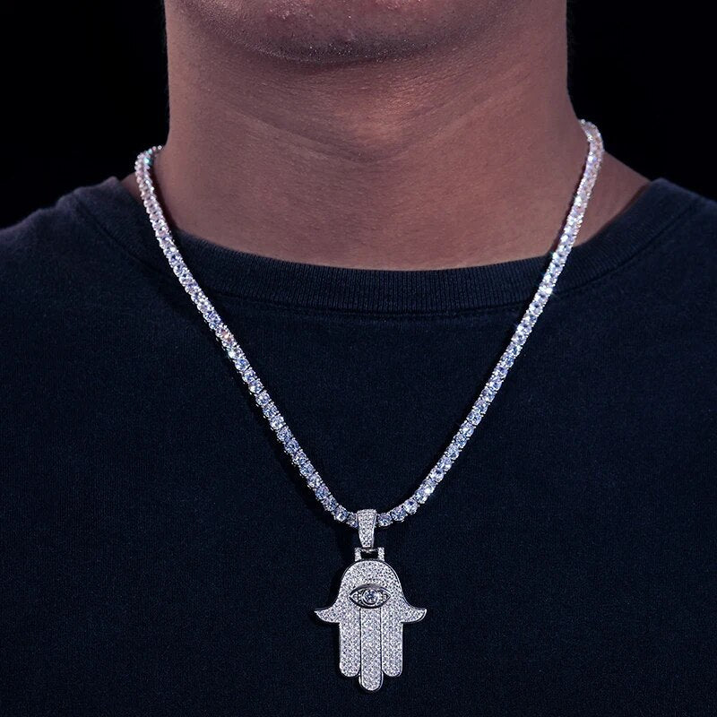 D VVS Moissanite Hamsa Evil Eye Pendant Necklace