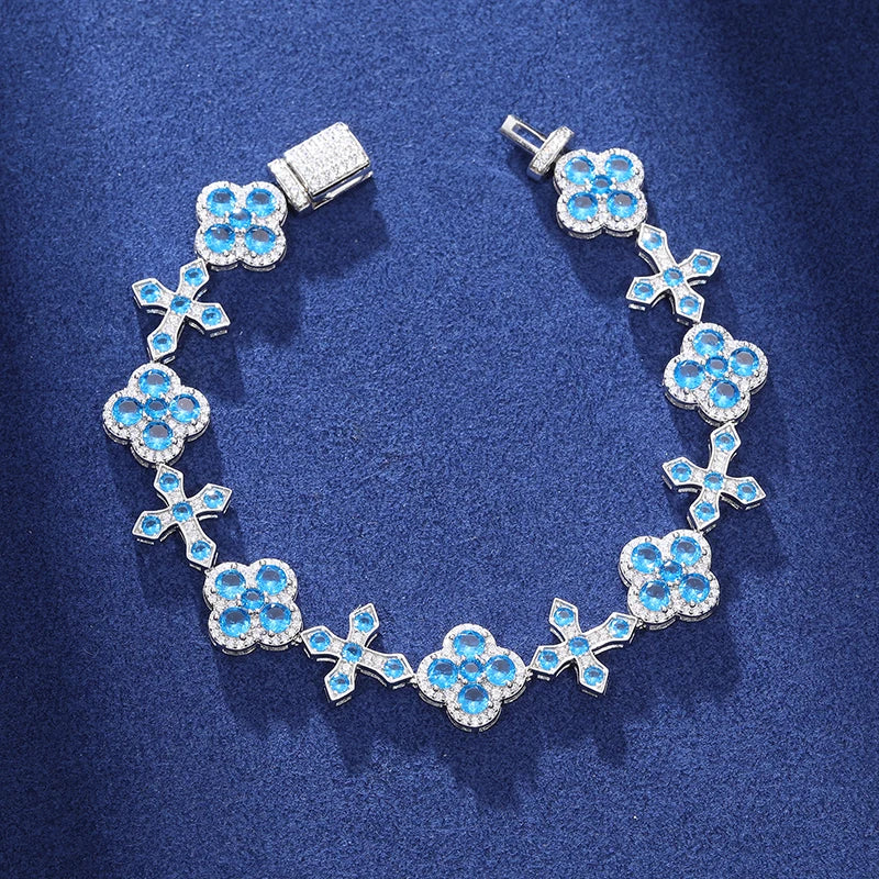 S925 Iced Frosty Flower Cross Link Bracelet - 14mm