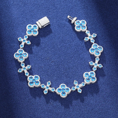 S925 Iced Frosty Flower Cross Link Bracelet - 14mm