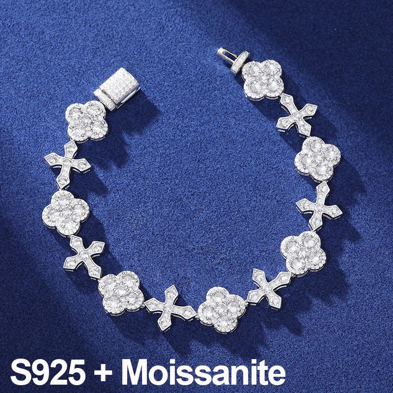 S925 Iced Frosty Flower Cross Link Bracelet - 14mm
