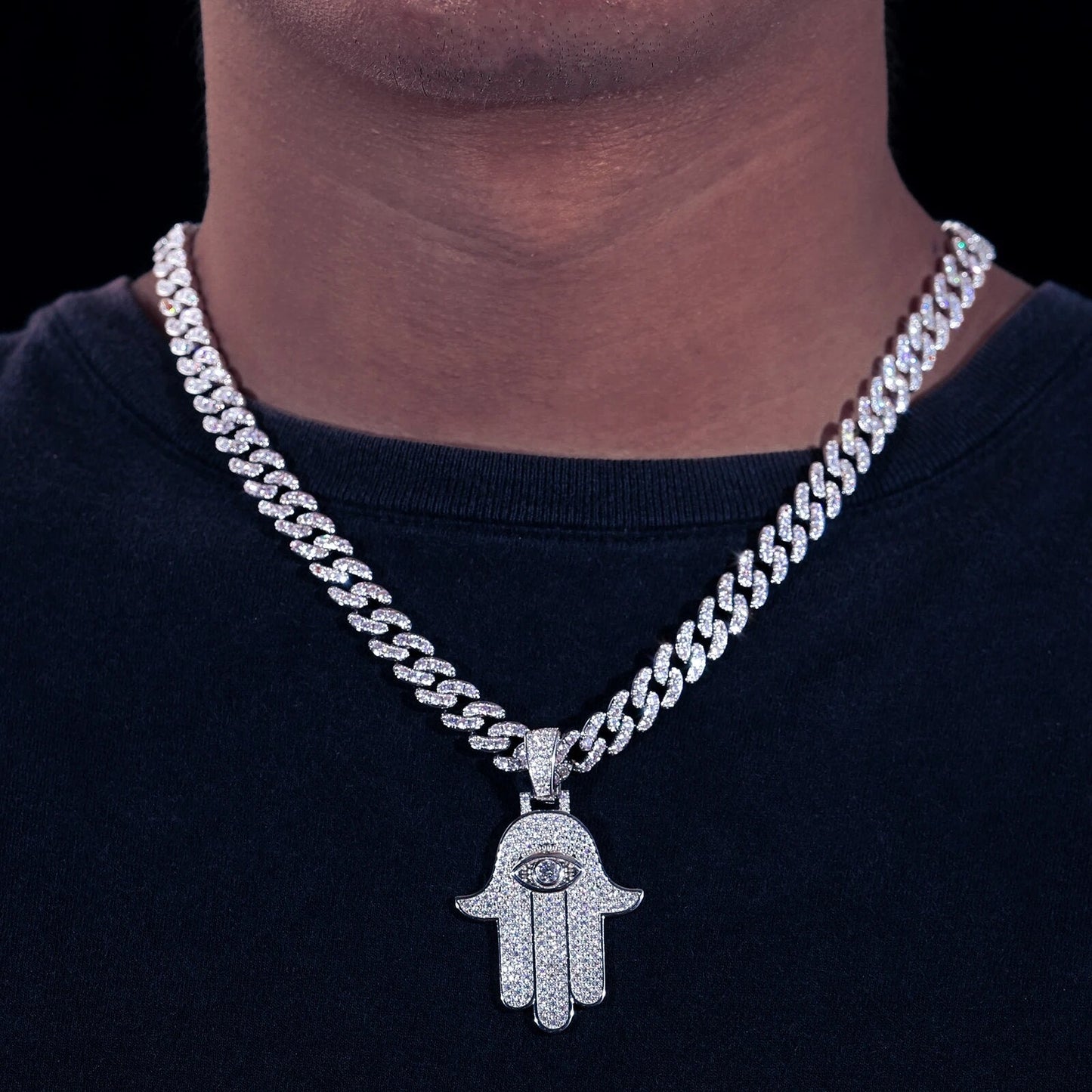 D VVS Moissanite Hamsa Evil Eye Pendant Necklace