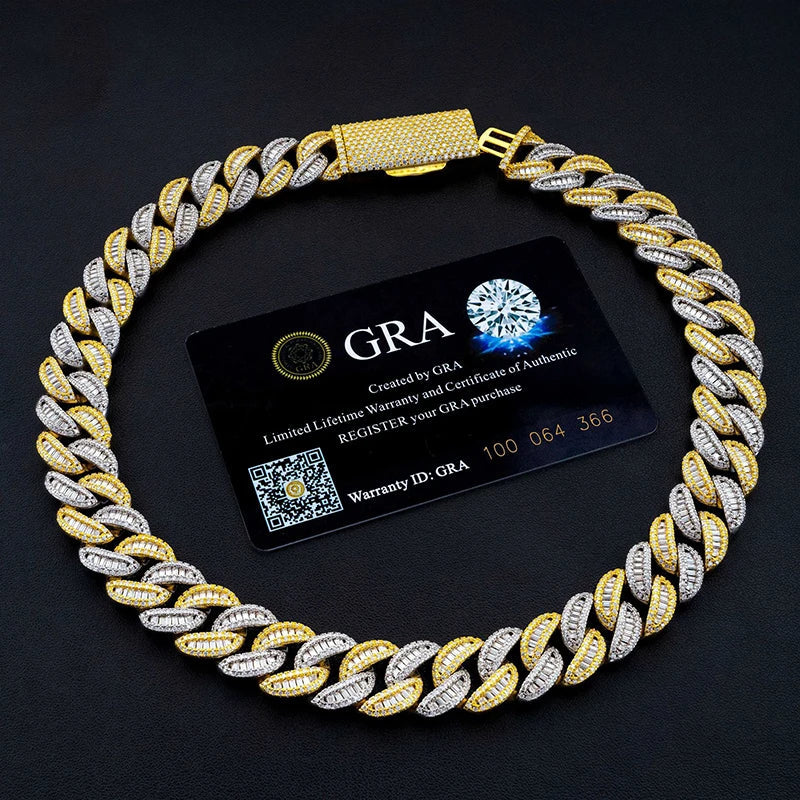 Two-Tone Gold Baguette Curve Cuban Link Chain Necklace - 15mm