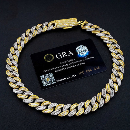 Two-Tone Gold Baguette Curve Cuban Link Chain Necklace - 15mm