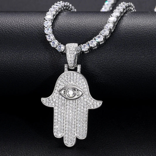 D VVS Moissanite Hamsa Evil Eye Pendant Necklace