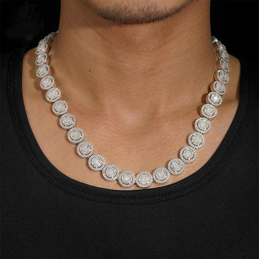White Gold Round Cut Halo Tennis Chain Necklace - 13mm