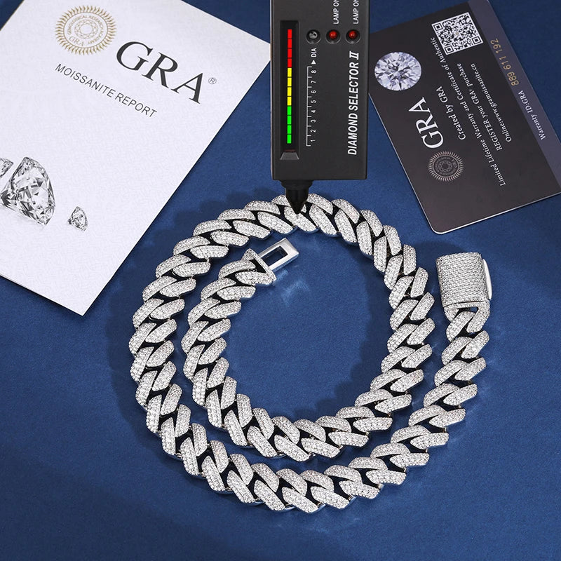 S925 Moissanite Diamond Prong Cuban Link Chain Necklace and Bracelet - 15mm