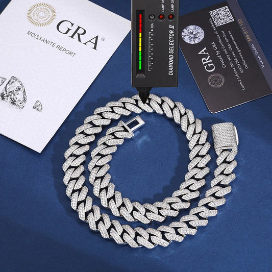 S925 Moissanite Diamond Prong Cuban Link Chain Necklace and Bracelet - 15mm