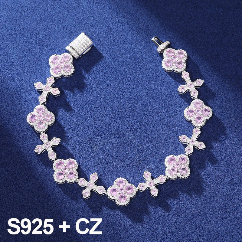 S925 Iced Frosty Flower Cross Link Bracelet - 14mm