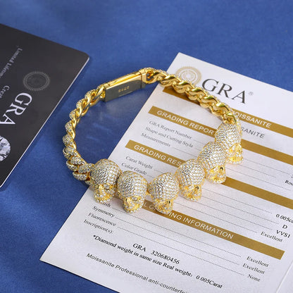 S925 VVS1 Moissanite Skull Link Bracelet - 10mm