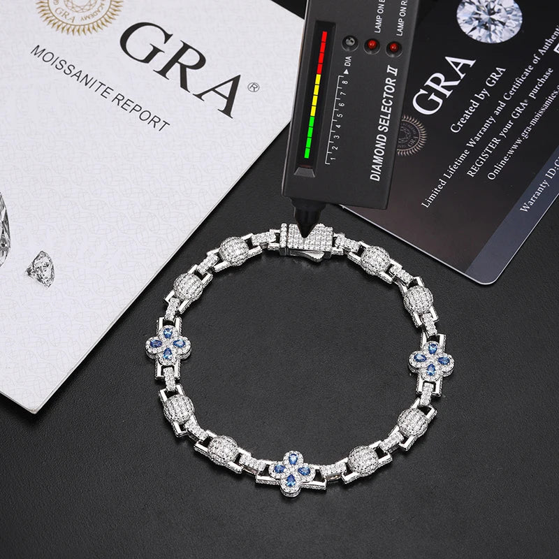 S925 Moissanite Clover Ball Stationed Link Chain Necklace or Bracelet - 10mm