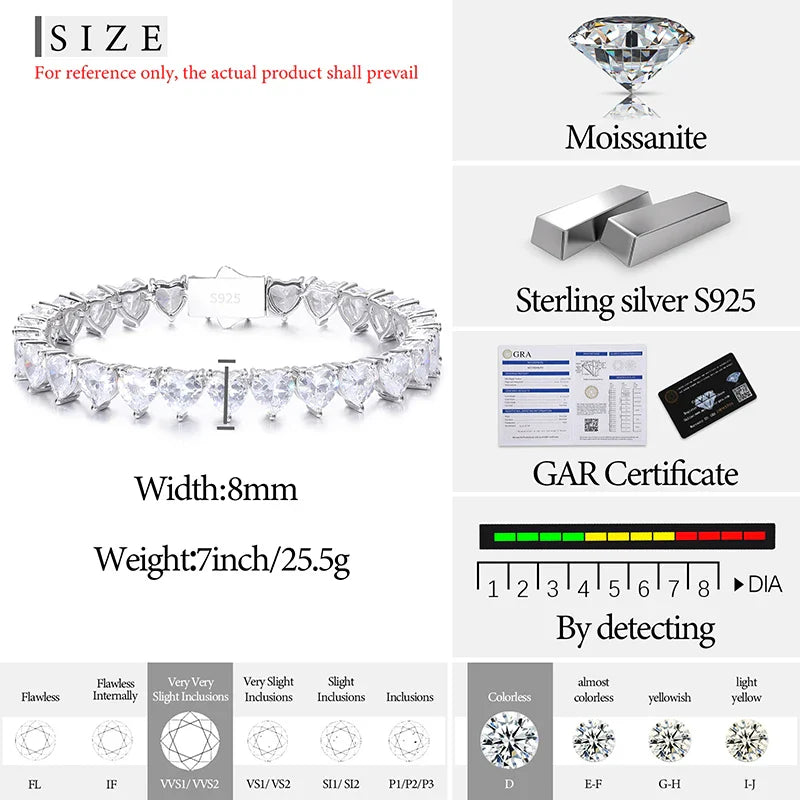 S925 Moissanite Heart-Shape Tennis Diamond Bracelet - 8mm