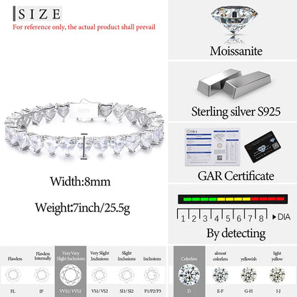 S925 Moissanite Heart-Shape Tennis Diamond Bracelet - 8mm