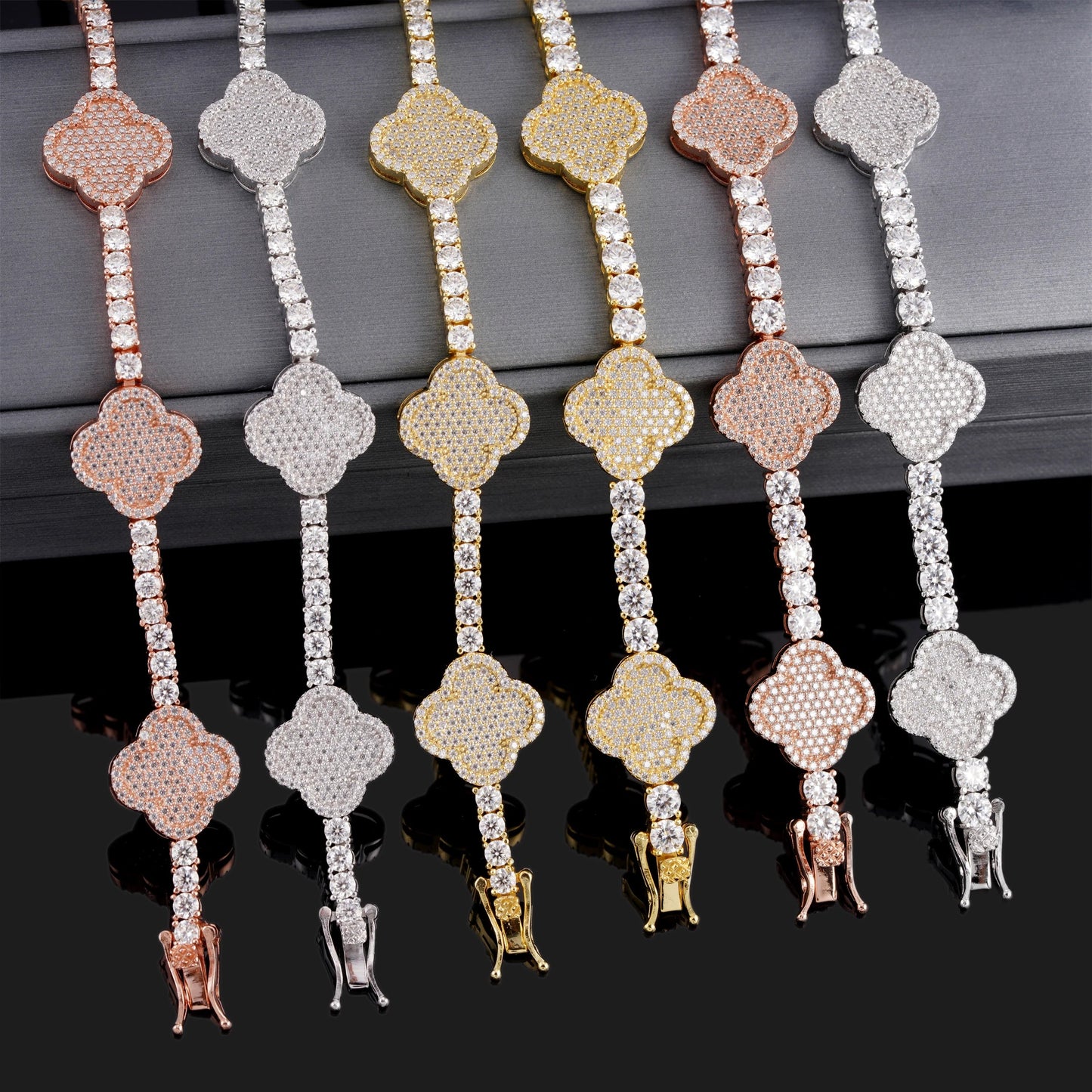 3MM Moissanite Tennis Clover Link Bracelet