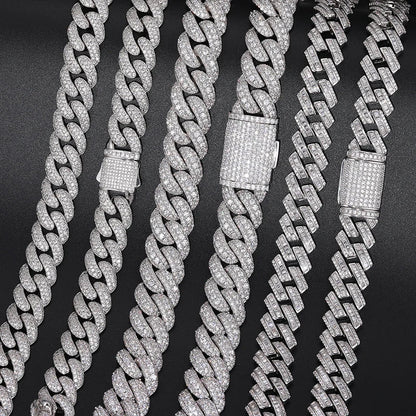 18MM ICED OUT DIAMOND CURVE CUBAN LINK CHAIN NECKLACE - WHITE GOLD