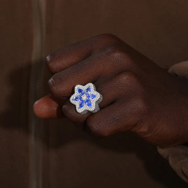 Midnight Blue Gemstone Pear Cut Flower Pave Diamond Ring