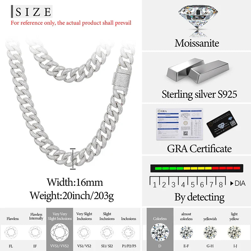 16mm S925 Moissanite Curb Cuban Chain