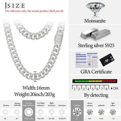 16mm S925 Moissanite Curb Cuban Chain