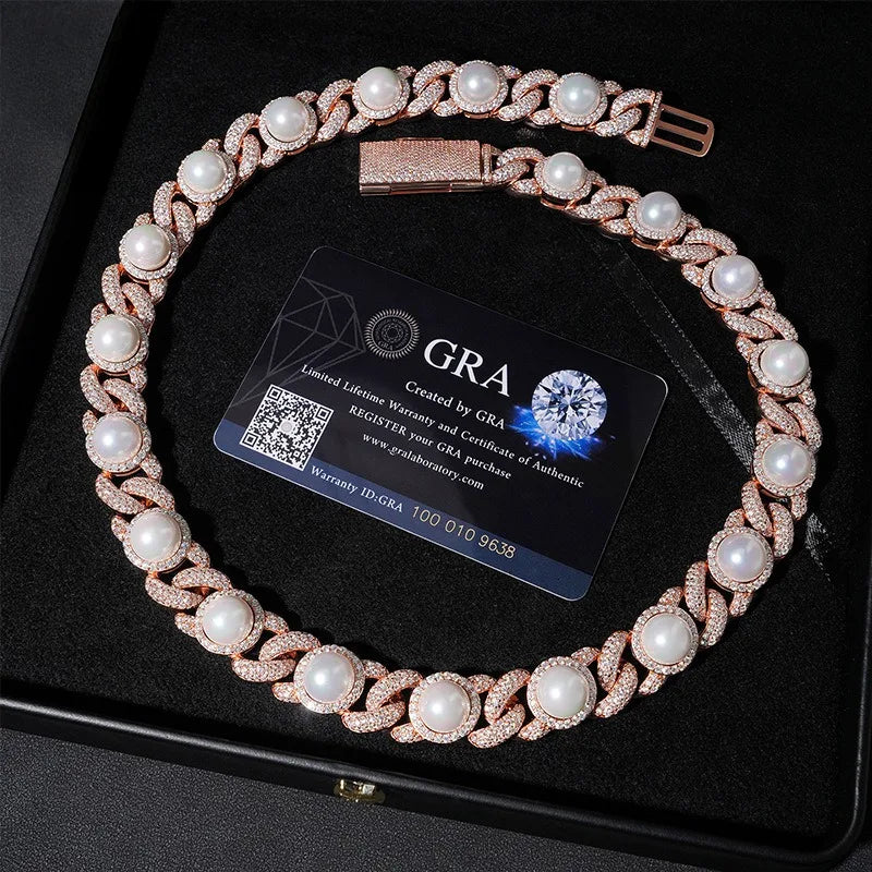 S925 Rose Gold Moissanite Iced Pearl Cuban Chain - 15mm