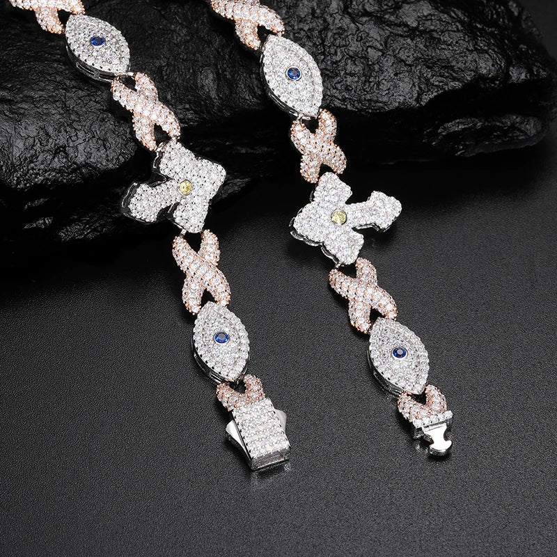 S925 Moissanite Devil Eye Cross Infinity Cuban Link Chain Bracelet or Necklace - 19.5mm