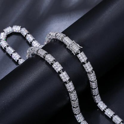 S925 White Gold Moissanite Cylindrical Iced-Out Diamond Necklace Chain - 7mm