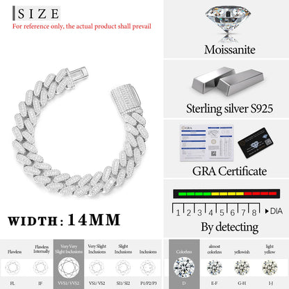 S925 Moissanite Baguette Diamond Cuban Link Bracelet - 14mm