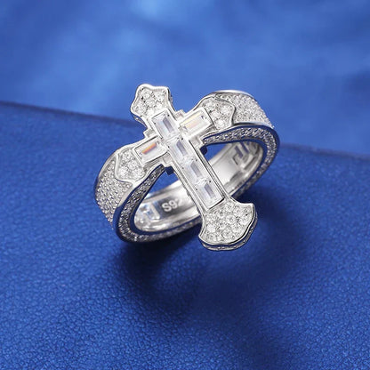 S925 Moissanite Fleur De Lis Baguette Cross Ring