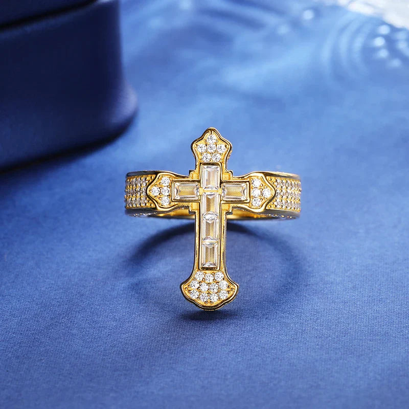 S925 Moissanite Fleur De Lis Baguette Cross Ring