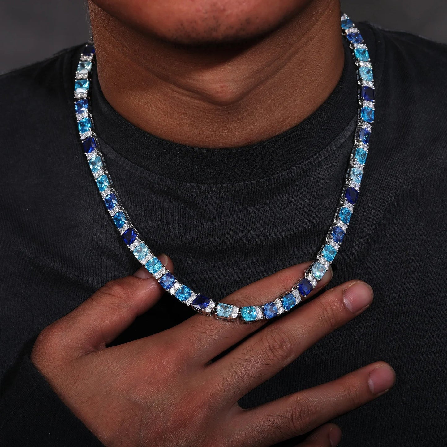 Blue Mixed Diamond Cut Tennis Necklace - 7.5mm