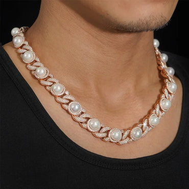 S925 Rose Gold Moissanite Iced Pearl Cuban Chain - 15mm