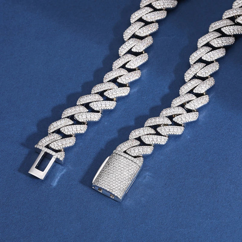S925 Moissanite Diamond Prong Cuban Link Chain Necklace and Bracelet - 15mm