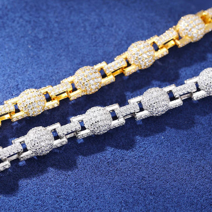 S925 Iced Moissanite Beaded Ball Link Bracelet or Necklace - 7mm