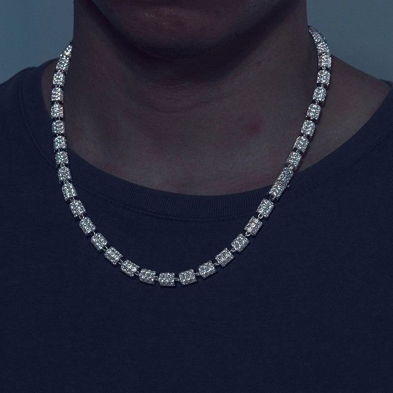 S925 White Gold Moissanite Cylindrical Iced-Out Diamond Necklace Chain - 7mm