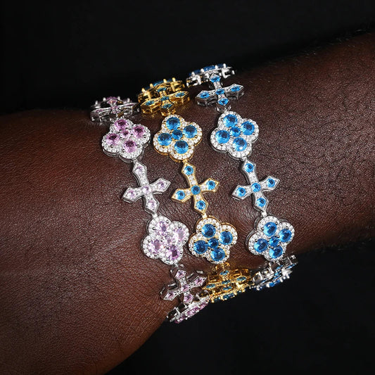 S925 Iced Frosty Flower Cross Link Bracelet - 14mm