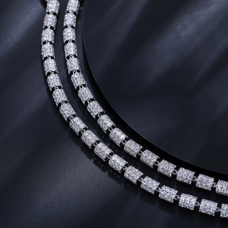 S925 White Gold Moissanite Cylindrical Iced-Out Diamond Necklace Chain - 7mm