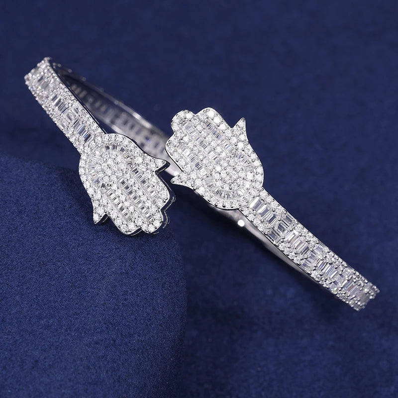S925 Moissanite Baguette Hamsa Bangle