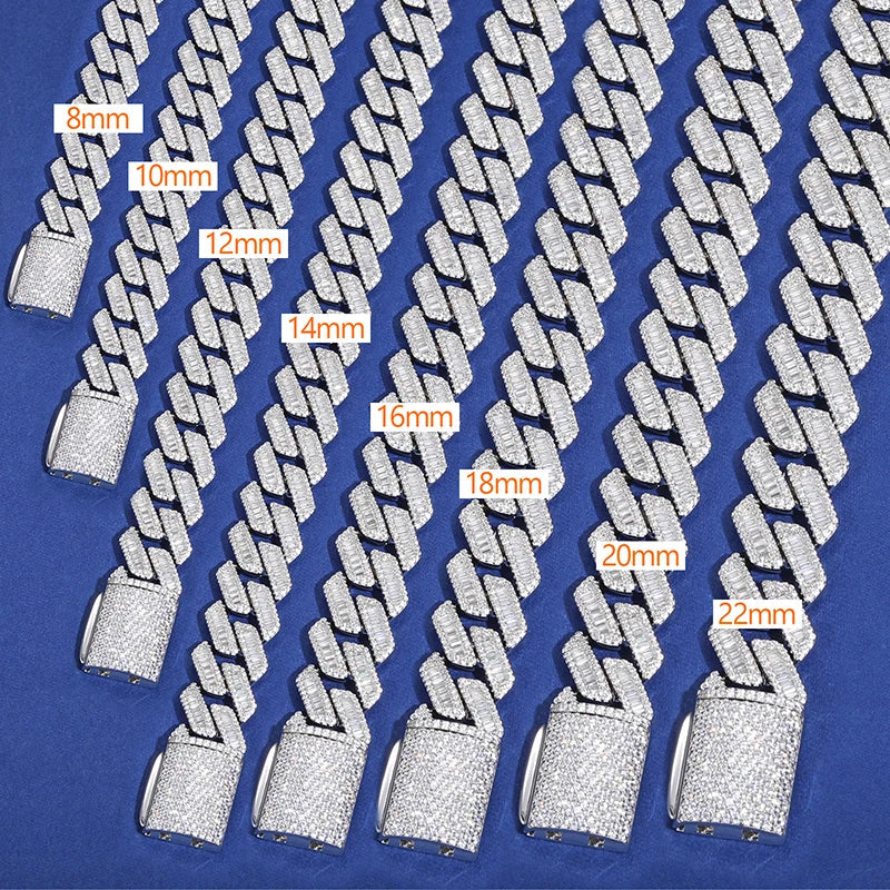 10-22mm S925 MOISSANITE BAGUETTE MIAMI PRONG CUBAN LINK DIAMOND CHAIN NECKLACE