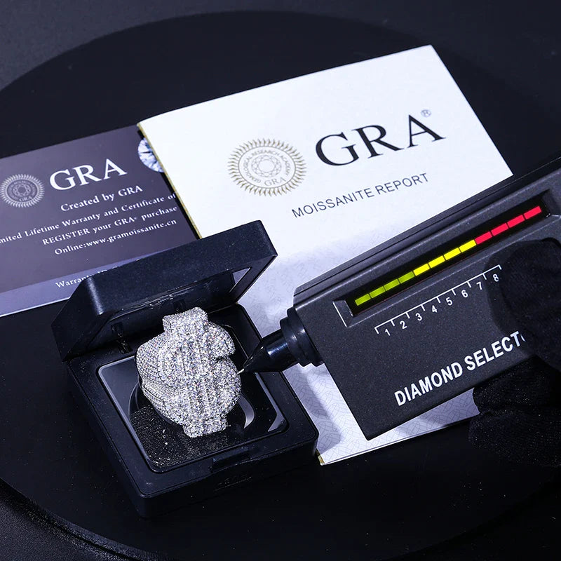 S925 Moissanite Diamond Dollar Sign Ring - White Gold