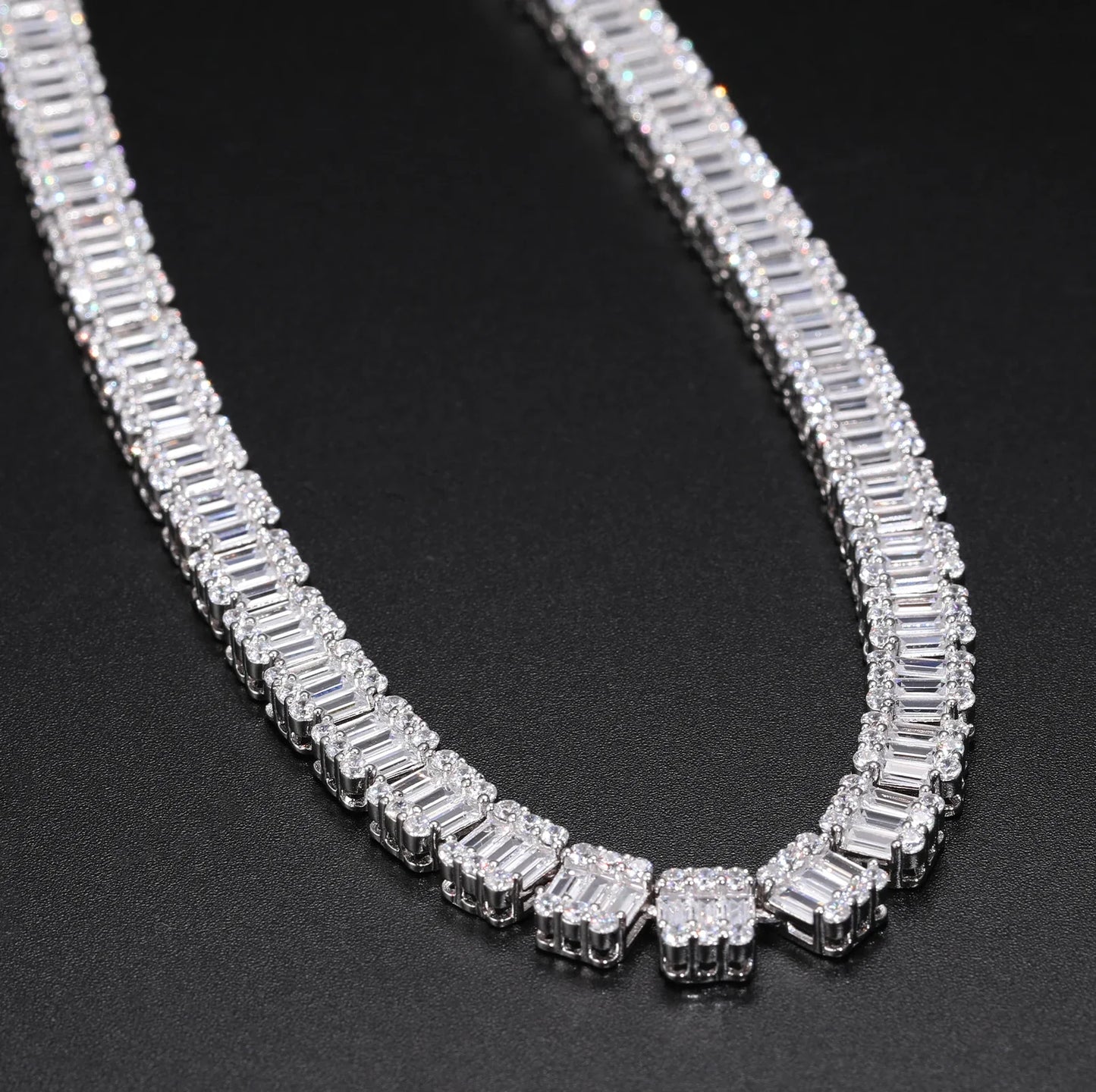 S925 Square Baguette Moissanite Diamond Tennis Necklace - 10mm