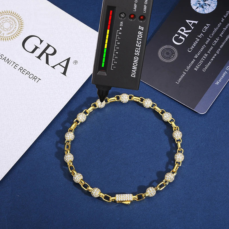 5MM VVS1 Moissanite Iced Ball Box Link Bracelet - Gold/White Gold