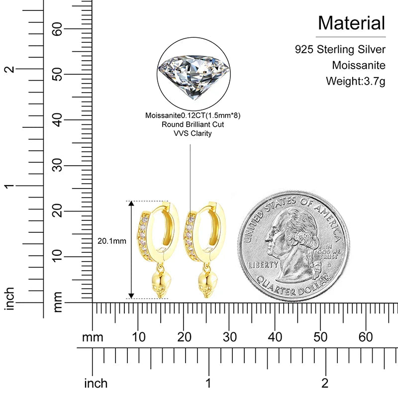 S925 Moissanite Skull Huggie Earrings - Silver