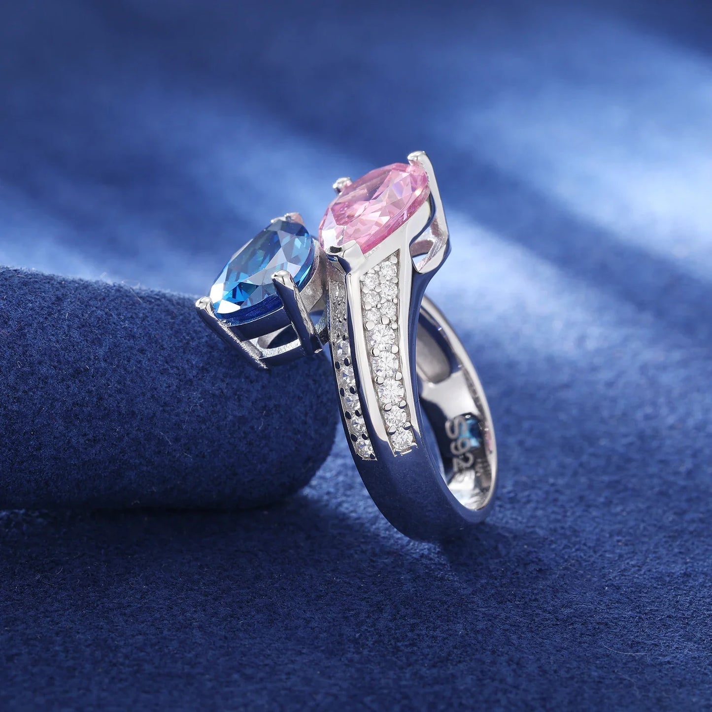 S925 Moissanite Pink & Blue Gem Ring