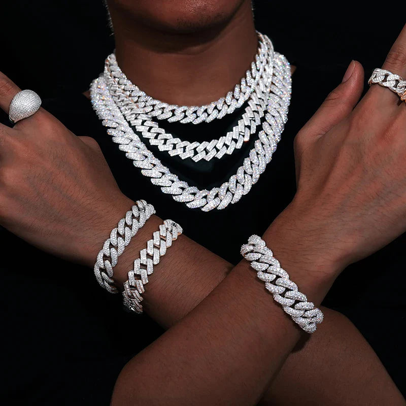 18MM ICED OUT DIAMOND CURVE CUBAN LINK CHAIN NECKLACE - WHITE GOLD