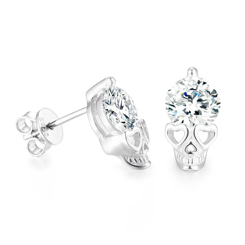 S925 Moissanite Round Cut Skull Diamond Stud Earrings