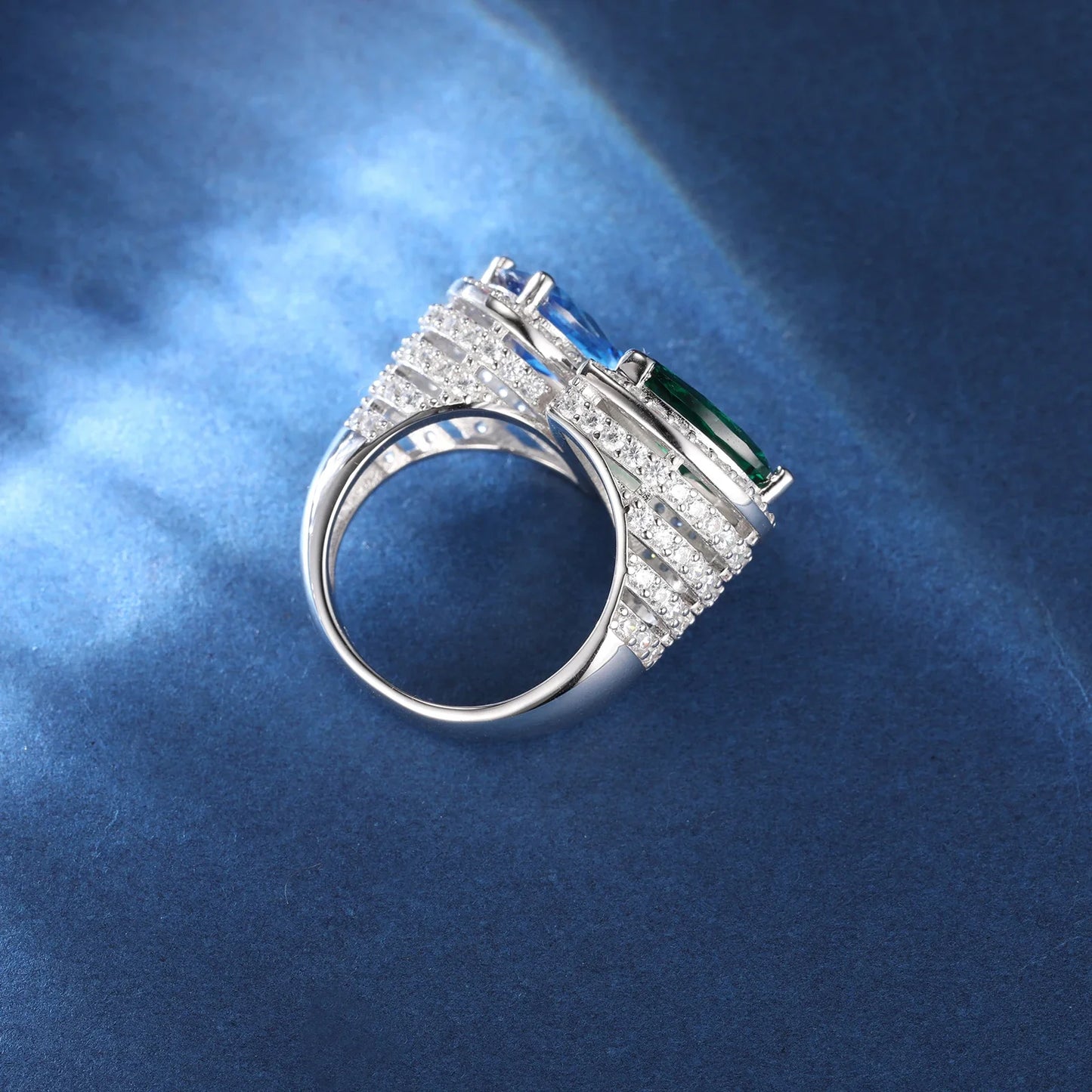 S925 Moissanite Blue & Green Gem Ring