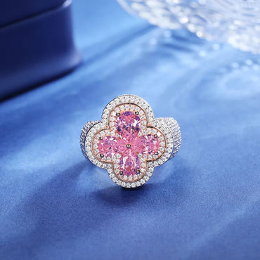 MOISSANITE BLUE/ROSE GOLD LUCKY CLOVER RING - WHITE GOLD